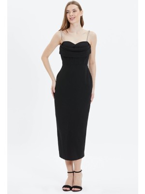 Selen Giyim Üstü Drapeli Askıları Taşlı Elbise