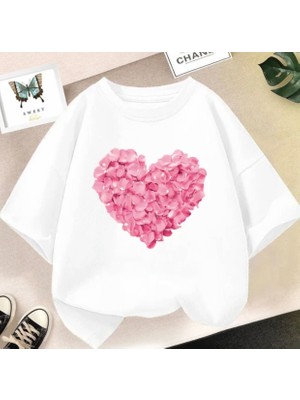 Kids Face Özel Tasarım Pembe Çiçekler Kalp Baskılı %100 Pamuk Oversize Kız Çocuk Şık T-Shırt