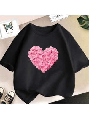Kids Face Özel Tasarım Pembe Çiçekler Kalp Baskılı %100 Pamuk Oversize Kız Çocuk Şık T-Shırt