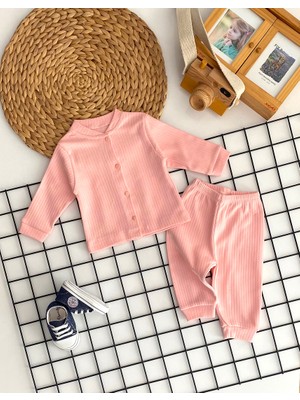 Derin Bebe Neşeli Bebekler Çizgili Kumaş Önden Çıtçıtlı Pijama Takımı Somon
