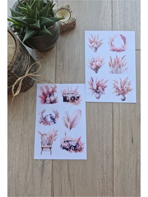 Mona Craftist 2 Sayfa 12 Adet Pembe Pampas Sticker Pembe Sarı Pampas Çiçek Sticker Vintage Sticker