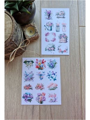 Mona Craftist 2 Sayfa 20 Adet Pembe Mor Çiçek Sticker Seti Şemsiye Yeşil Şapka Kuş Sticker Vintage Sticker