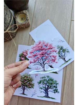 Mona Craftist 2 Sayfa 8 Adet Ağaç Temalı Sticker Seti Büyük Ağaç Sticker Vintage Sticker Sakura