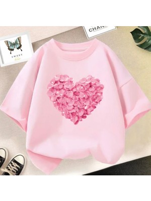 Kids Face Özel Tasarım Pembe Çiçekler Kalp Baskılı %100 Pamuk Oversize Kız Çocuk Şık T-Shırt
