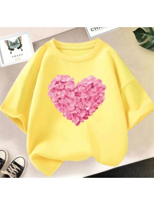 Kids Face Özel Tasarım Pembe Çiçekli Kalp Baskılı %100 Pamuk Oversize Kız Çocuk Şık T-Shırt
