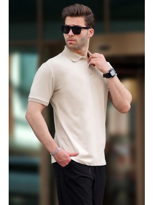 Madmext Bej Overfit Kısa Kollu Polo Yaka Erkek Tişört 7029