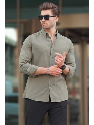 Madmext Haki Uzun Kollu Pamuklu Keten Görünümlü Erkek Gömlek 6743