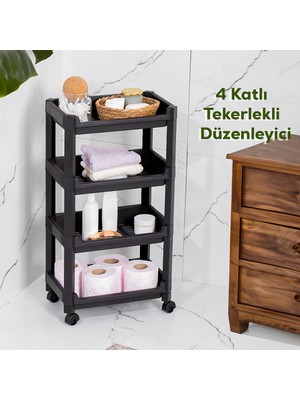 Porsima Rafty-74-Eco-1 Tekerlekli 4 Katlı Mutfak Düzenleyici - 35,5 x 22 x 67 cm Hareketli Geniş Raf - Siyah