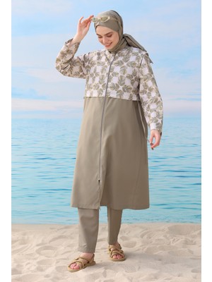 HE-QA Kadın Desenli Yüzme Takımı Su İtici Açık Haki 3 Parça Tunik Pantolon ve Şal