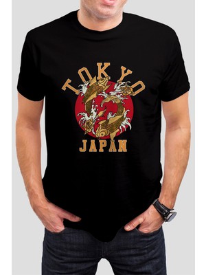 T-35 Tokyo Japan Balık Baskılı Siyah Unisex Tişört C535