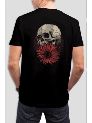 T-35 Çiçek ve Kafatası Baskılı Siyah Unisex Tişört C530