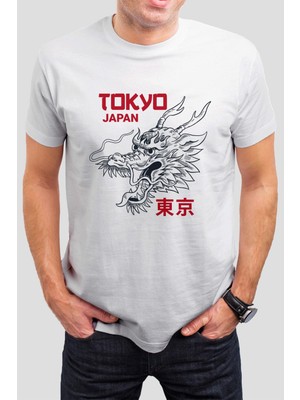 T-35 Tokyo Japan Ejderha Baskılı Beyaz Unisex Tişört C544