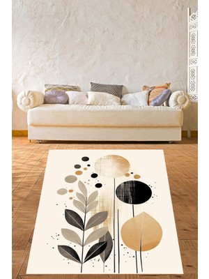 Pelangi Beyaz Zeminde Yaprak Desenli Modern Yıkanabilir Kaymaz Taban Leke Tutmaz Salon Halısı Yolluk