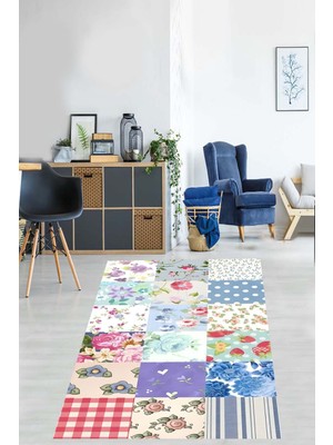 Pelangi Patchwork Kırkyama Desenli Güllü Yıkanabilir Kaymaz Taban Leke Tutmaz Salon Halısı Yoluk