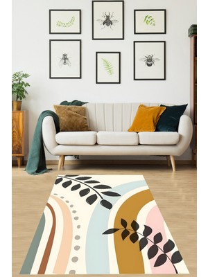 Pelangi Bohem  Minimalist Yaprak Desenli Yıkanabilir Kaymaz Taban Leke Tutmaz Salon Halısı