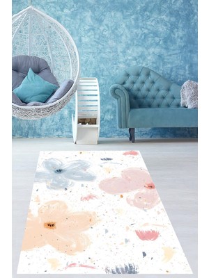 Pelangi Beyaz Zemin Modern Minimalist Çiçek Desenli Yıkanabilir Kaymaz Taban Leke Tutmaz Salon Halısı