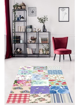 Pelangi Patchwork  Kırkyama Desen Çiçekli Yıkanabilir Kaymaz Taban Leke Tutmaz Salon Halısı Yolluk