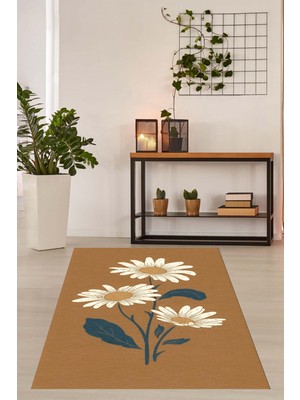 Pelangi Kahverengi Zemin Papatya Desenli Minimal  Yıkanabilir Kaymaz Taban Leke Tutmaz Salon Halısı