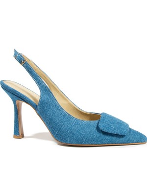 Leysi Mavi Kot Kumaş Toka Detaylı Kadın Topuklu Ayakkabı