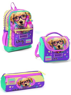 Coral High Sarı Pembe Sevimli Köpek Desenli 3’lü Okul Çanta Seti