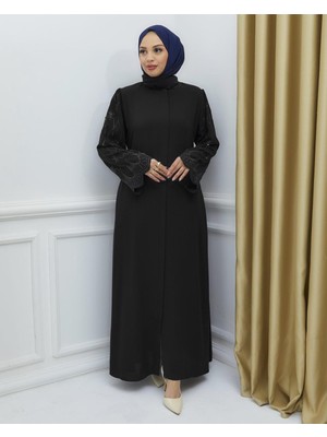 Güler Giyim Cansen Kadın Lüx Krep Kumaş Kolu Taşlı Kemerli Abaya Abiye Ferace