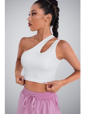 Adisia Kadın Beyaz Fitted Slim Tek Omuz Cut Out Detaylı Crop