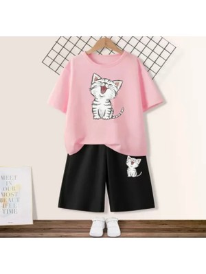 Kids Face Özel Tasarım Uykucu Şirin Kedicik Baskılı  Pamuk Kız Çocuk Trend T-Shırt Şort Takımı