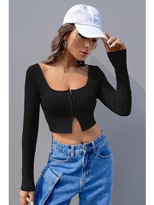 Adisia Kadın Siyah Fitted Slim Uzun Kollu Agraflı Göğüs ve Göbek Dekolteli Crop