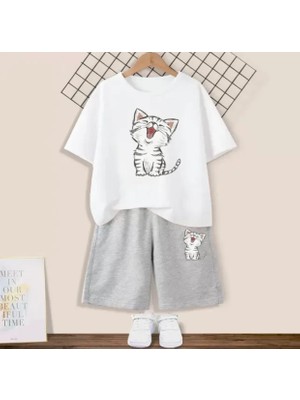 Kids Face Özel Tasarım Uykucu Şirin Kedicik Baskılı  Pamuk Trend Kız Çocuk T-Shırt Şort Takımı