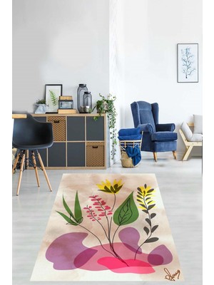 Pelangi Minimal Çiçek Desenli Renkli  Yıkanabilir Kaymaz Taban Leke Tutmaz Salon Halısı Yolluk