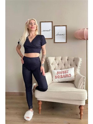 Lacivert Dantel Detaylı V Yaka Örme Crop Pijama Takımı