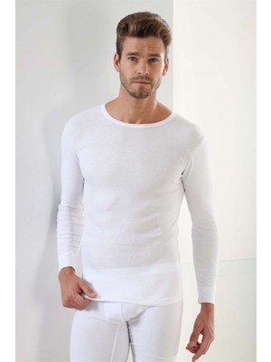 Marmara Qumasch Erkek Badi Uzun Kollu T-Shirt Bisiklet Yaka Basic %100 Pamuk Ribana Beyaz - L