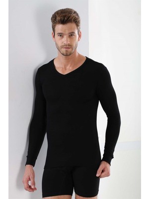 Marmara Qumasch Erkek Badi Uzun Kollu T-Shirt V Yaka Basic %100 Pamuk Ribana Siyah - Xl