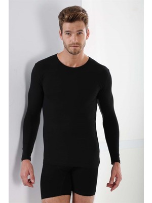 Marmara Qumasch Erkek Badi Uzun Kollu T-Shirt Bisiklet Yaka Basic %100 Pamuk Ribana Siyah - 2xl