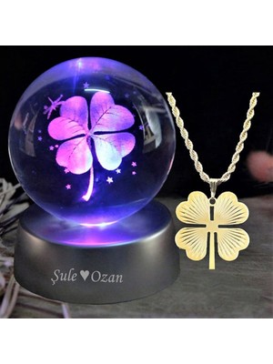 Hediyesahibi  Dört Yapraklı Yonca Tasarımlı 3D Cam Küre 6cm Yonca Kolye Hediyeli