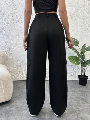 Smartex Toka Detaylı Bol Paça Siyah Kargo Pantolon PANT7376