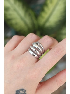 Shopzum Pirinç Gümüş Renk Ayarlanabilir Tırtıklı Bombe Yüzük