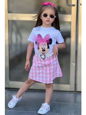 Kız Çocuk Minnie Baskı ve Üzeri Tül Fiyonk Detaylı Tişört Ekose Desen Etekli Takım
