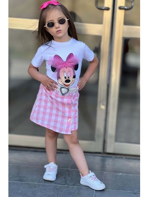 Kız Çocuk Minnie Baskı ve Üzeri Tül Fiyonk Detaylı Tişört Ekose Desen Etekli Takım