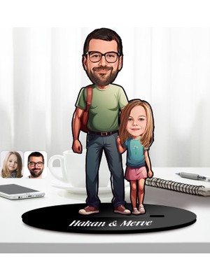 Bk Gift Kişiye Özel Baba-Kız Karikatürlü Ahşap Biblo-1, Babalar Günü Hediyesi, Babaya Hediye