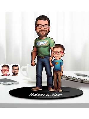 Bk Gift Kişiye Özel Baba-Oğul Karikatürlü Ahşap Biblo-1, Babalar Günü Hediyesi, Babaya Hediye
