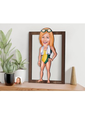 Bk Gift Kişiye Özel Kadın Yüzücü Karikatürlü 3D Ahşap Tablo-1, Sevgiliye Hediye, Arkadaşa Hediye, Doğum Günü Hediyesi
