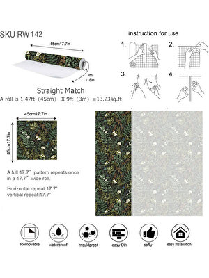 Yeşil Bitki ve Çiçek Serisi Çıkarılabilir Kendinden Yapışkanlı Duvar KAĞIDI(300CM*45CM) (Yurt Dışından)