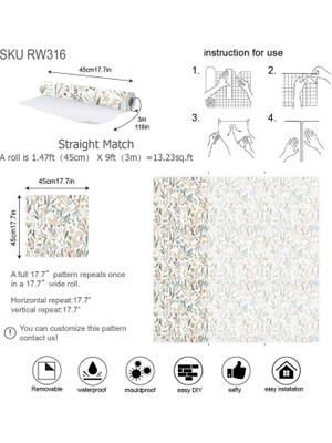 Yeşil Bitki ve Çiçek Serisi Çıkarılabilir Kendinden Yapışkanlı Duvar KAĞIDI(300CM*45CM) (Yurt Dışından)