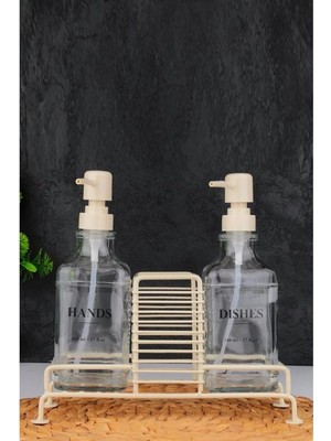 Digithome 2’li Metal Standlı Cam Sıvı Sabun ve Losyon Şişesi Sabunluk 500 ml Krem – B/1 C1-1-289