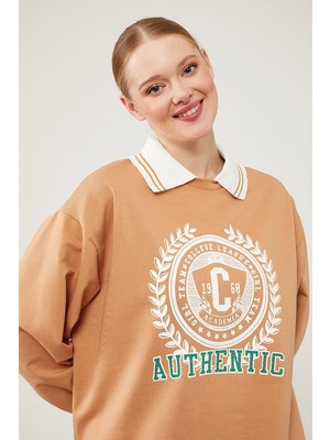 Levidor Camel Polo Yaka Arma Baskılı Sweatshirt