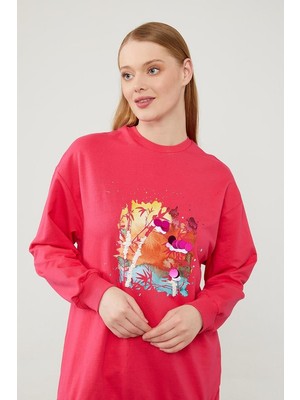 Levidor Fuşya Pul Işlemeli Baskılı Sweatshirt