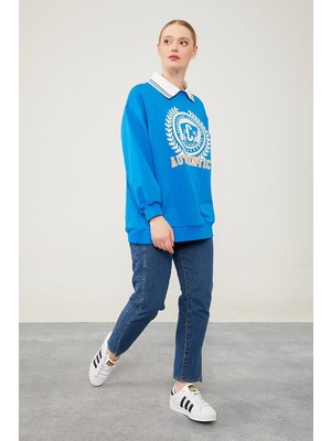 Levidor Saks Polo Yaka Arma Baskılı Sweatshirt