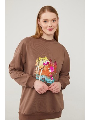 Levidor Kahve Pul Işlemeli Baskılı Sweatshirt