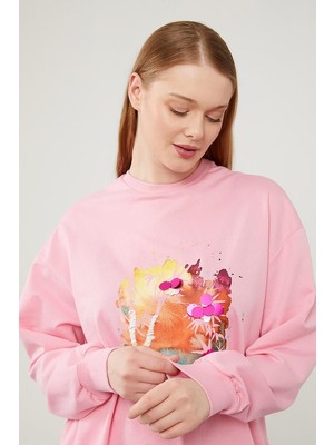 Levidor Şeker Pembe Pul Işlemeli Baskılı Sweatshirt